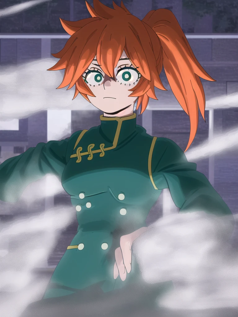 itsukakendo, itsuka kendo, long hair, (green eyes:1.3), ponytail, orange hair, chinese clothes, long sleeves, wide sleeves, outdoors, looking at viewer, (cowboy shot:1.5), (masterpiece:1.2), best quality, high resolution, unity 8k wallpaper, (illustration:0.8), (beautiful detailed eyes:1.6), extremely detailed face, perfect lighting, extremely detailed CG, (perfect hands, perfect anatomy),  ng_deepnegative_v1_75t