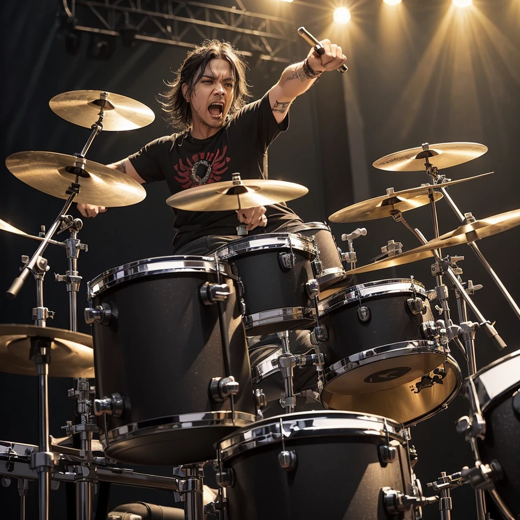 a metal guitar player/singer on stage, slightly based on Slash , shouting straight into the camera, HDR, 8K, ultra-sharp, field of depth, hyperrealism, in motion effect, glimmer splashing from the drums, weirdly tilted angle view, grunge