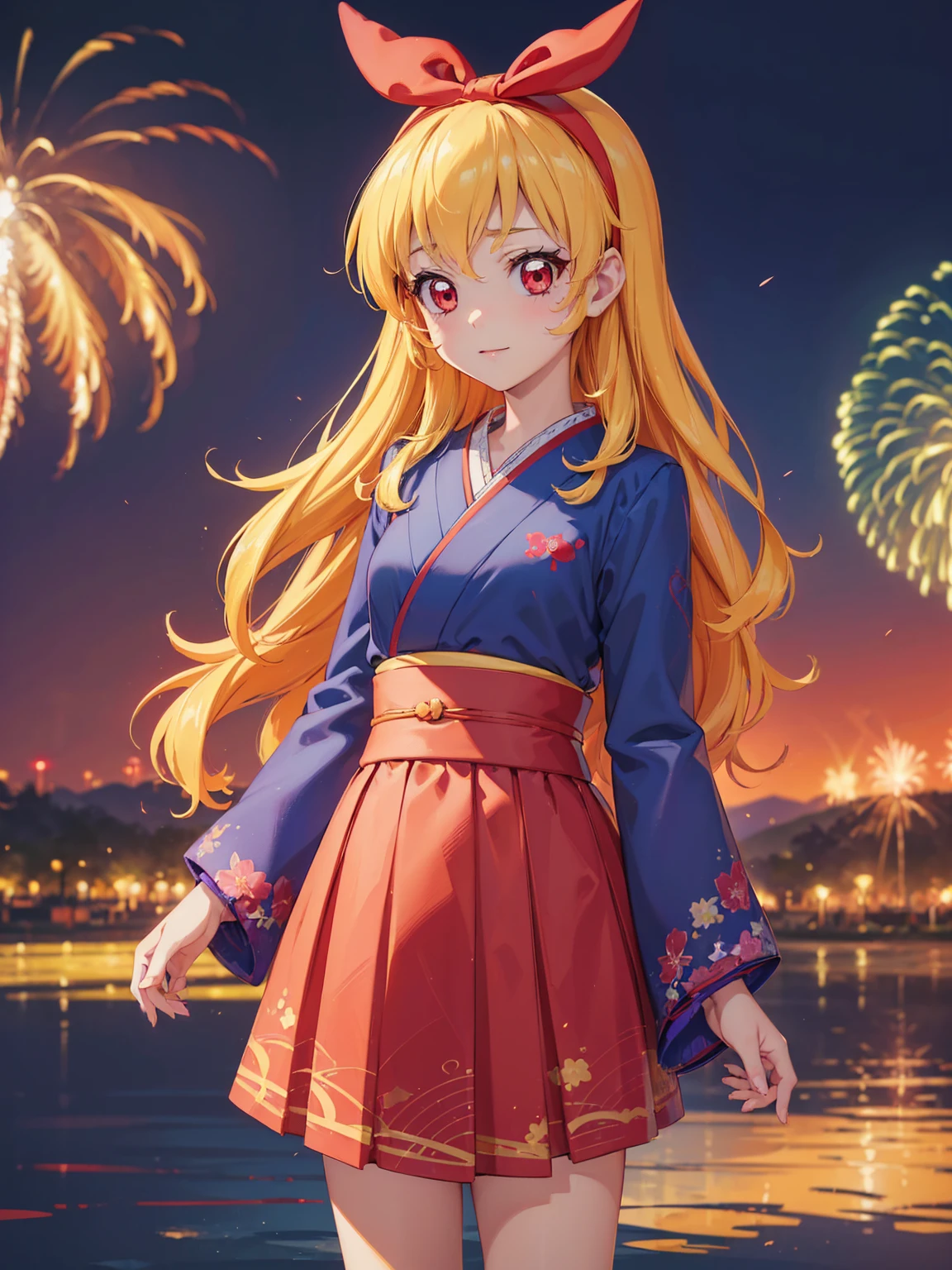 (masterpiece, best quality, highly detailed, ultra detailed, high resolution, absurdres, 4K, 8K:1.2), (official art, incredibly fine illustration, extremely detailed CG, detailed background, cinematic lighting, dynamic angle, perfect hands, detailed shiny skin, detailed hair, detailed eyes)(extremely awesome detailed pretty face,beauty face)(extremely detailed)(Three-dimensional depiction)
BREAK,(RED Ribbon on HAIRband:1.2),aikatsu,hosimiya ichigo,anime girl in kimono standing in front of fireworks, 1girl, fireworks, solo, japanese clothes, Blonde hair, , kimono, RED eyes, looking at viewer