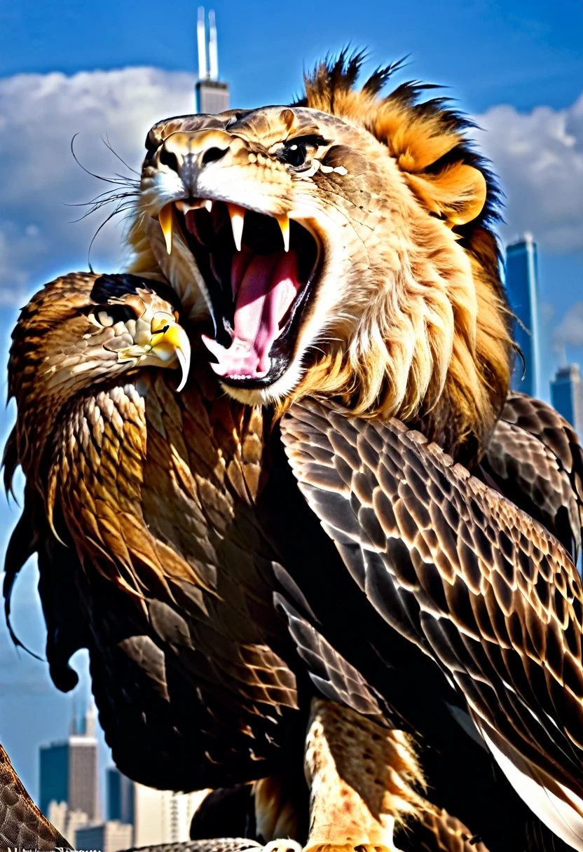  A MALE MUSCLAR LION WITH FULL MANE ROARING. A LION POSING WITH A EAGLE ON ITS LEFT SHOULDER AND A KING COBRA SNAKE WRAPPED AROUND ITS RIGHT PAW STRIKING TOWARDS THE CAMERA WITH THE CHICAGO SKYLINE IN THE BACKGROUND.  RED AND BLACK COLORED BACK GROUND. HD. LION HOLDING SNAKE WITH EAGLE ON SHOULDER