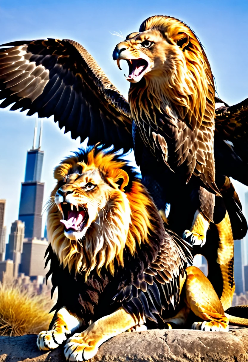 A MALE MUSCLAR LION WITH FULL MANE ROARING. A LION POSING WITH A EAGLE ON ITS LEFT SHOULDER AND A KING COBRA SNAKE WRAPPED AROUND ITS RIGHT PAW STRIKING TOWARDS THE CAMERA WITH THE CHICAGO SKYLINE IN THE BACKGROUND. RED AND BLACK COLORED BACK GROUND. HD. LION HOLDING SNAKE WITH EAGLE ON SHOULDER