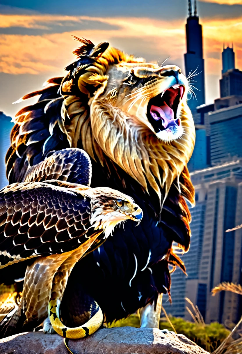 A MALE MUSCLAR LION WITH FULL MANE ROARING. A LION POSING WITH A EAGLE ON ITS LEFT SHOULDER AND A KING COBRA SNAKE WRAPPED AROUND ITS RIGHT PAW STRIKING TOWARDS THE CAMERA WITH THE CHICAGO SKYLINE IN THE BACKGROUND. RED AND BLACK COLORED BACK GROUND. HD. LION HOLDING SNAKE WITH EAGLE ON SHOULDER