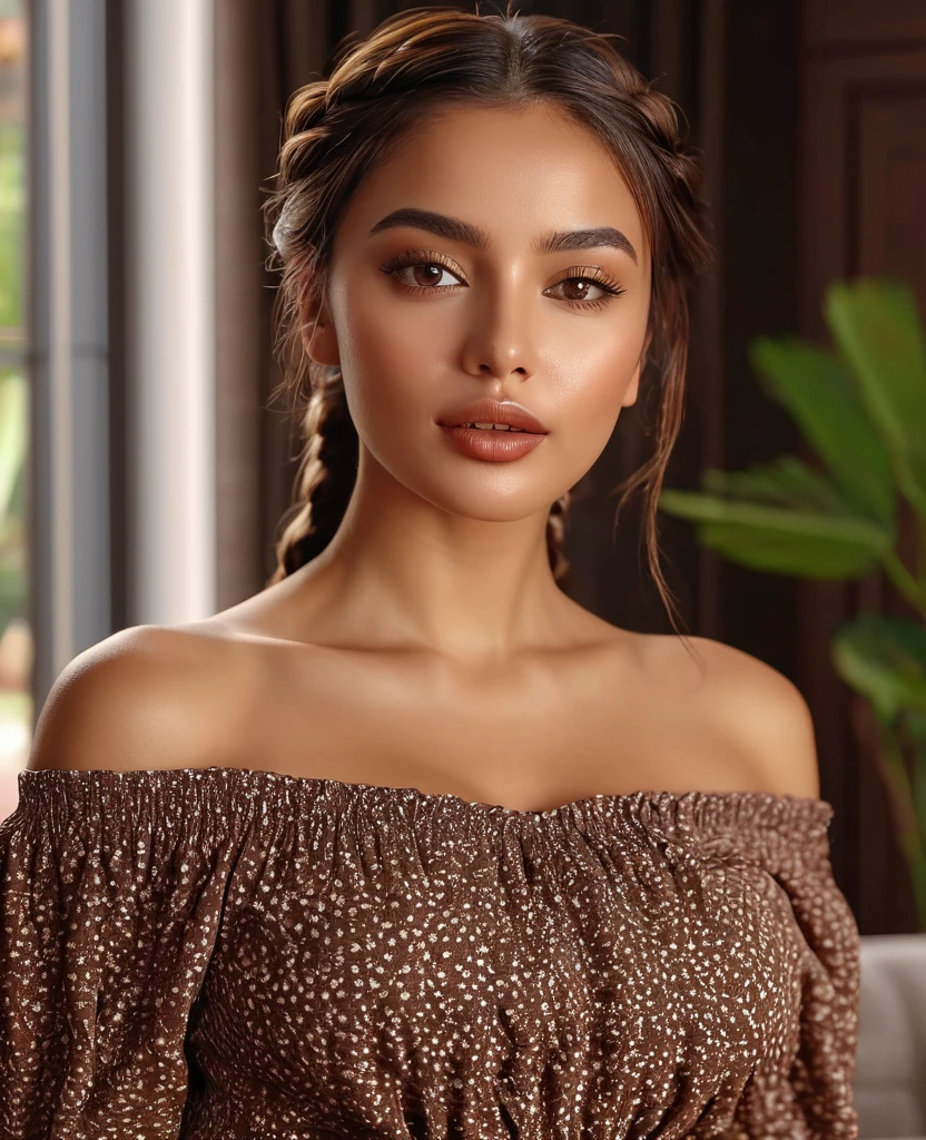 (best quality,4k,highres,masterpiece:1.2),ultra-detailed,(realistic:1.37),(beautiful:1.1) brown-eyed woman with long braid hair and a medium stature, wearing casual and sexy clothes, standing gracefully in a well-lit living room. The room is furnished with modern and elegant furniture, giving a luxurious atmosphere. The woman's beautiful face is detailed, with captivating eyes that shine with brown color. Her lips are full and luscious, adding to her sensual appeal. She exudes confidence and elegance as she poses, showcasing her entire body. The lighting in the room highlights her beautiful brown skin, giving it a warm and radiant glow. The overall scene has vivid colors and sharp focus, creating a realistic and photorealistic image.wearing sexy dress, brown lips, wearing off shoulder blouse