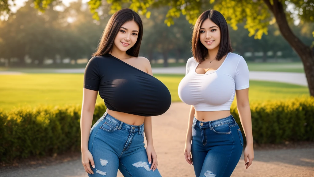 tmasterpiece,best qualtiy,hdr, hyper HD, 8K,Bokeh,Ultra-fine painting,Sharp focus,Physically-based rendering,Extreme detail description, (EOS R8, 50 millimeters, F1.2, 8K, RAW photo:1.2), full bodyshot, looking at viewer, (big breasts:1.3), sexy smile, shag_cut hair, Three_females, 18_years_old, tight ripped jeans, oversized top, side_boob, outside in sunlight