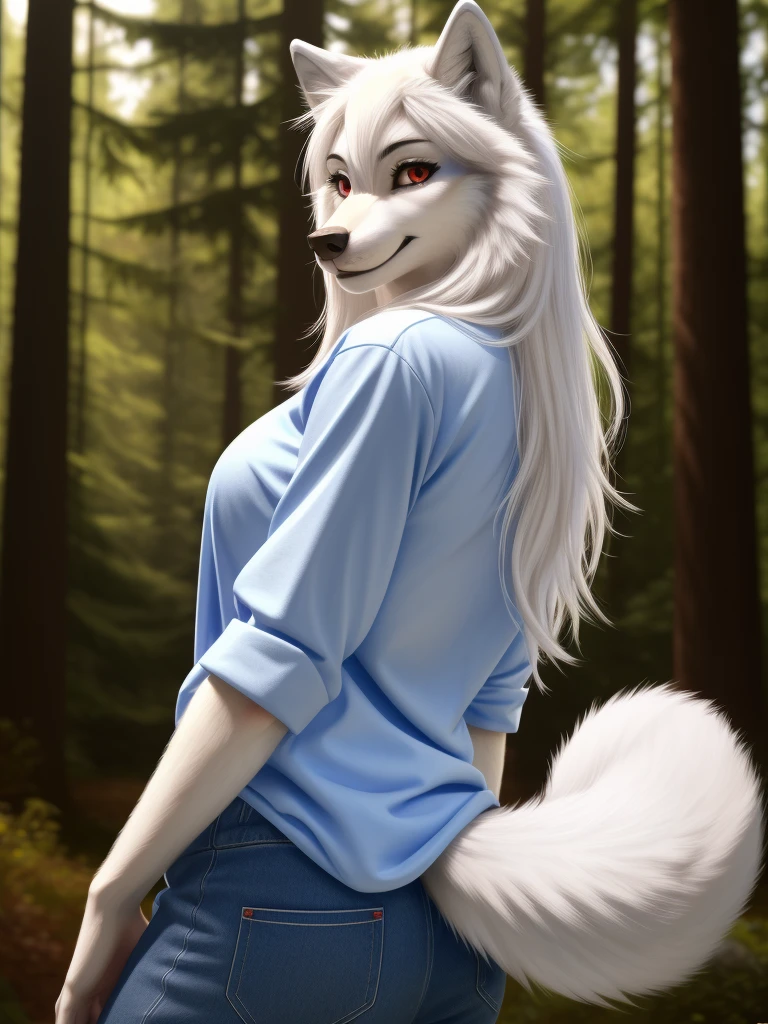 Posing, Female, 30 years old, cute, eyeliner, long hair, biting lip smile, blue shirt, bedroom eyes, anthro, wolf ears, (white fur:1.5), baggy shirt, wolf, forest background, 8k, hi res, (best quality, masterpiece), red eyes, (wolf tail:1.5), in back turned posing 