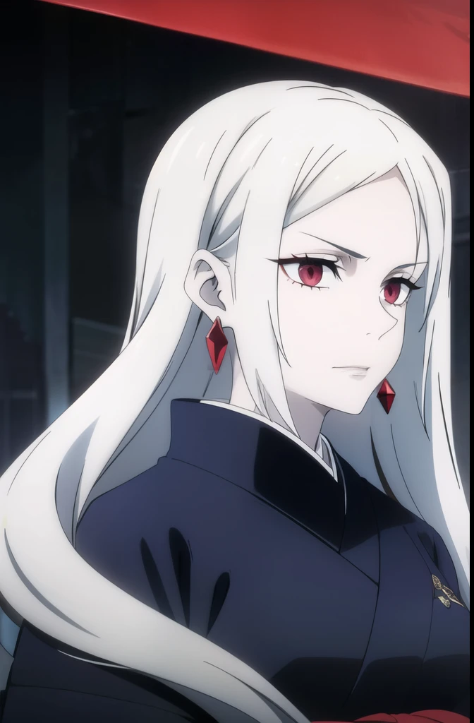 woman with long white hair, amber eyes, pale skin, geometric red marks in the middle of the forehead and face, wearing an elegant black kimono and long earrings.