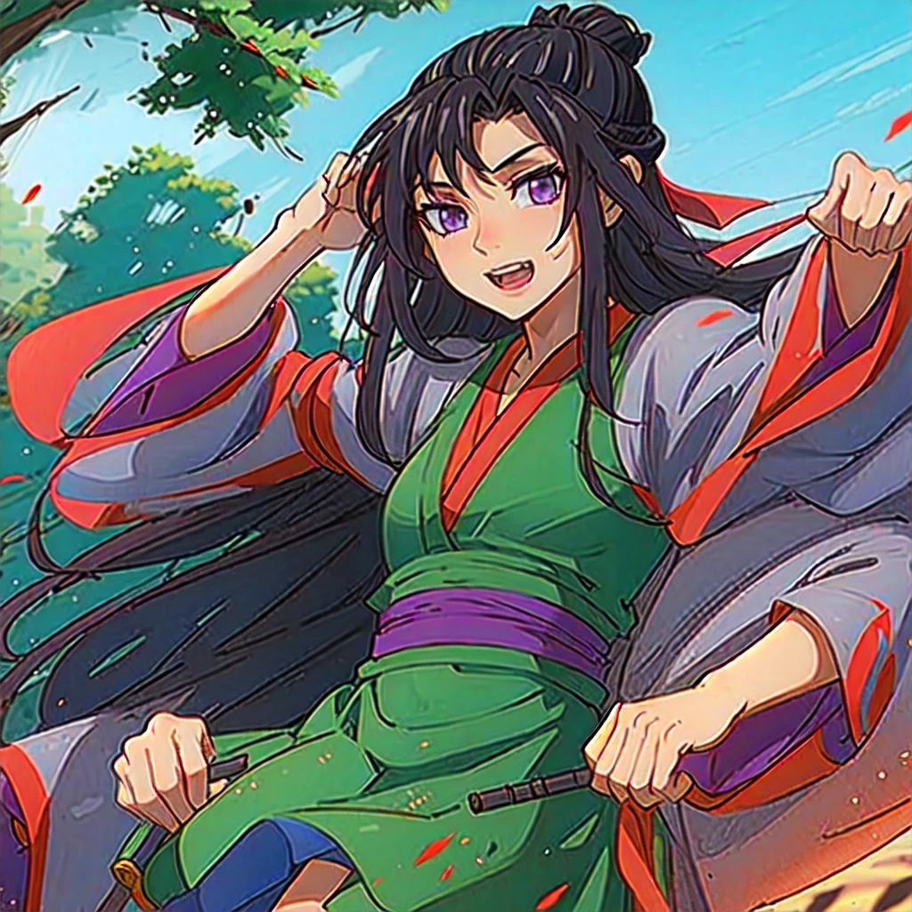 ( Best Quality, ancient china, A girl, long green chinese dress), long hair tied in two tomatoes, black hair, purple eyes
