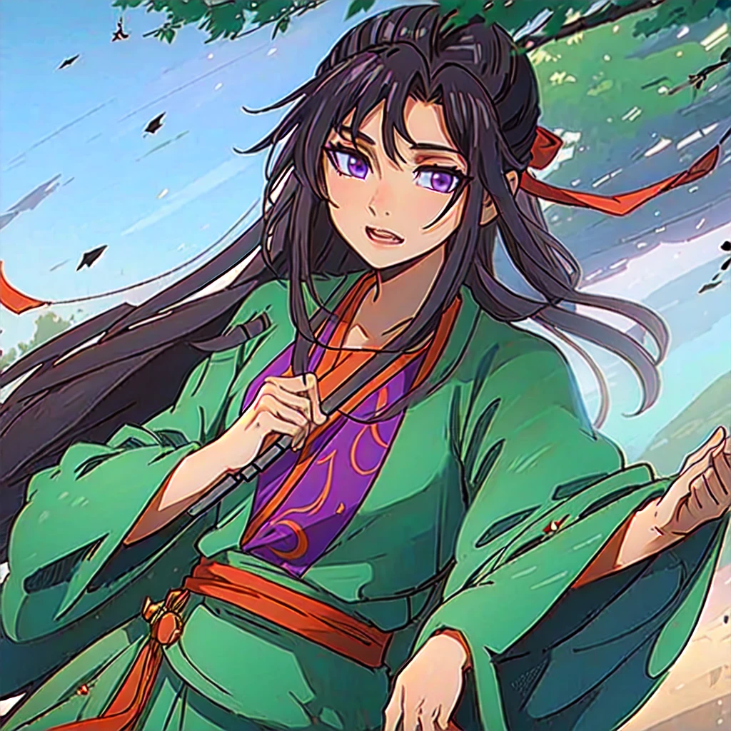 ( Best Quality, ancient china, A girl, long green chinese dress), long hair tied in two tomatoes, black hair, purple eyes