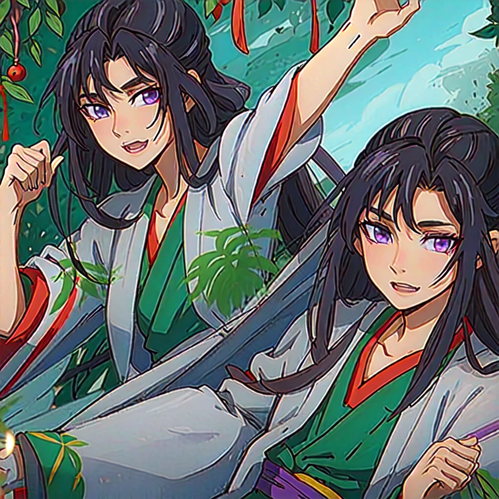 ( Best Quality, ancient china, A girl, long green chinese dress), long hair tied in two tomatoes, black hair, purple eyes
