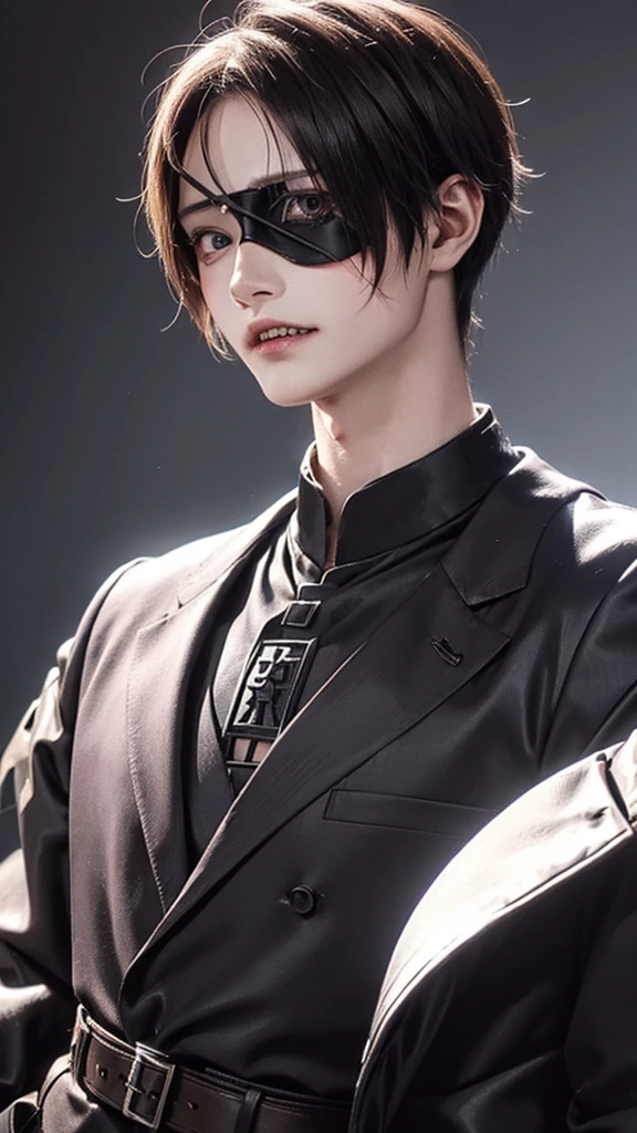anime hellraiser cenobite male ,view up from floor , sharp teeth , one eye patch , short brown hair