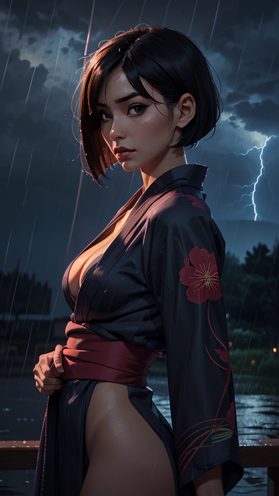 one asian girl, (ada wong:1.1), solo, slender body, (upper body, bust:1.2), black eyes, black hair, (bob haircut:1.2), (yukata, small breasts, cleavage, deep cleavage:1.3), masterpiece, highly detailed, look at viewer, (dark sky, rainy night background:1.2), (rain:1.3), (heavy rain:1.3), (water on the body:1.3), lightning in skies, lightning, (look from the back:1.3)