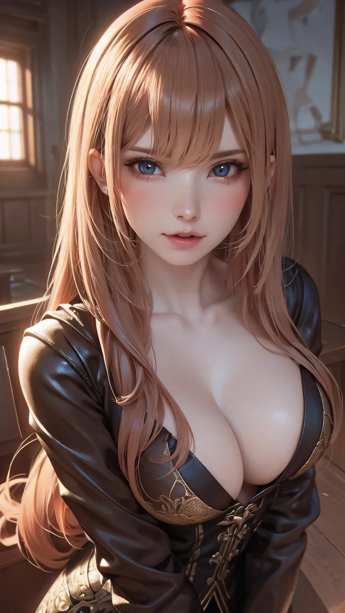 extreme close-up,Cinematic scene,Fantasy Art,Highest image quality,Hyperrealism portrait,(8K),Ultra-realistic,Best Quality,High quality,High Definition,high quality texture,high detailing,Beautiful detailed,fine detailed,extremely details CG,Detailed texture,realistic representation of face,masterpiece,presence,Dynamic,Bold,1gir,Ultra detailed skin,Curve,,Beautiful breasts,Large breasts,pale skin,pointed breast,Erect nipples,(Ultra Thin hair),(Ultra Soft hair),(Ultra straight hair),Swept long bangs,Extra bright coppery amber hair,Hair over one eye,clothed,