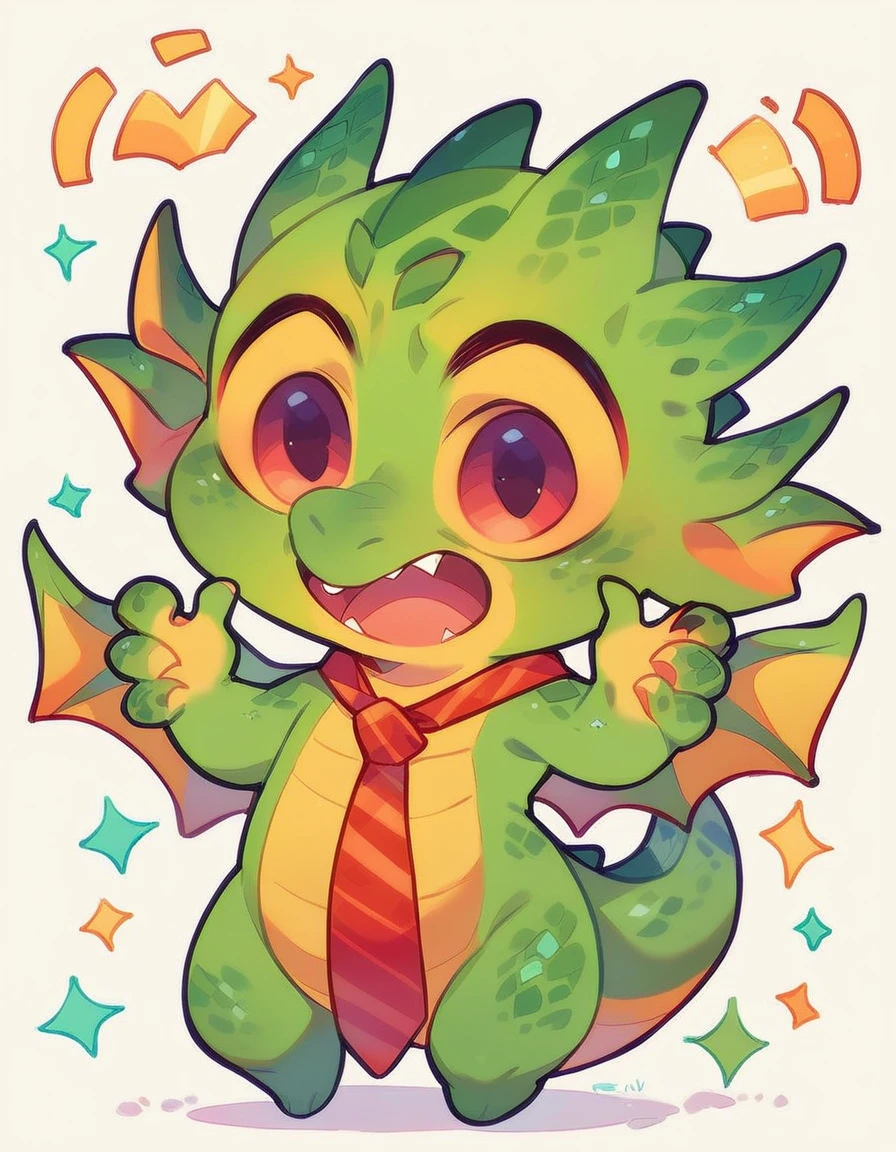  high quality, (dragon), (cute little Dragon), (cartoon:1.3),(((chibi:1.2))),(pixar style:1.2),(cute expression:1.1), ((((red with yellowish colors)))), he wears a gold tie, (((cheering pose))), white background, full body, very cute