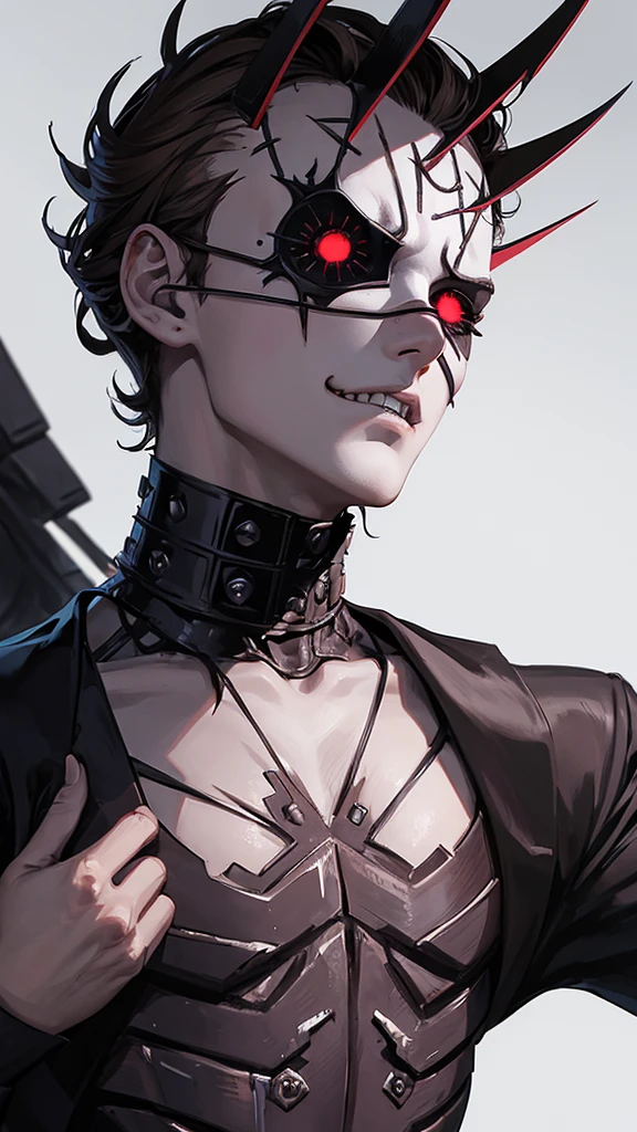 anime hellraiser cenobite male ,view up from floor , sharp teeth , one eye patch , short brown hair