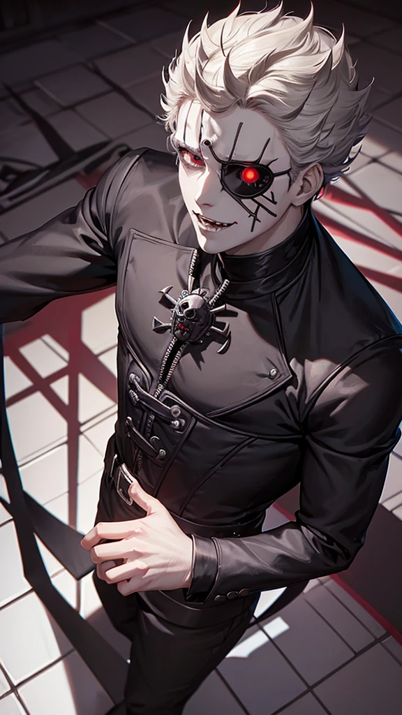 anime hellraiser cenobite male ,view up from floor , sharp teeth , one eye patch , short brown hair