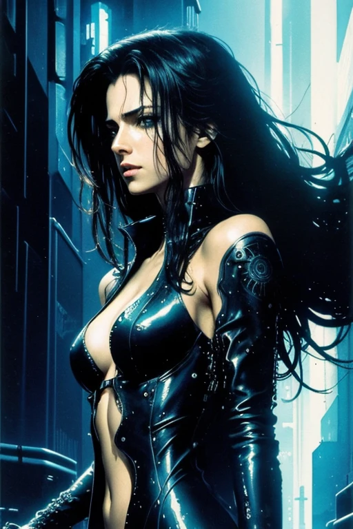 abstract, liquid fluid, tech wallpaper, neo noir, cyberpunk, drawing in the style of Luis Royo, Nat urismin its purest form, appears in a frank pose, realism, an example of art, the credits after the film, artistic beautiart, dot-vector, watercolor photography, high detail