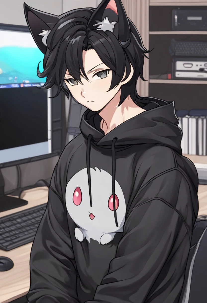 create a male cat eared anime character in black sweatshirt with small ears in front of computer, with black hairin a gamer room