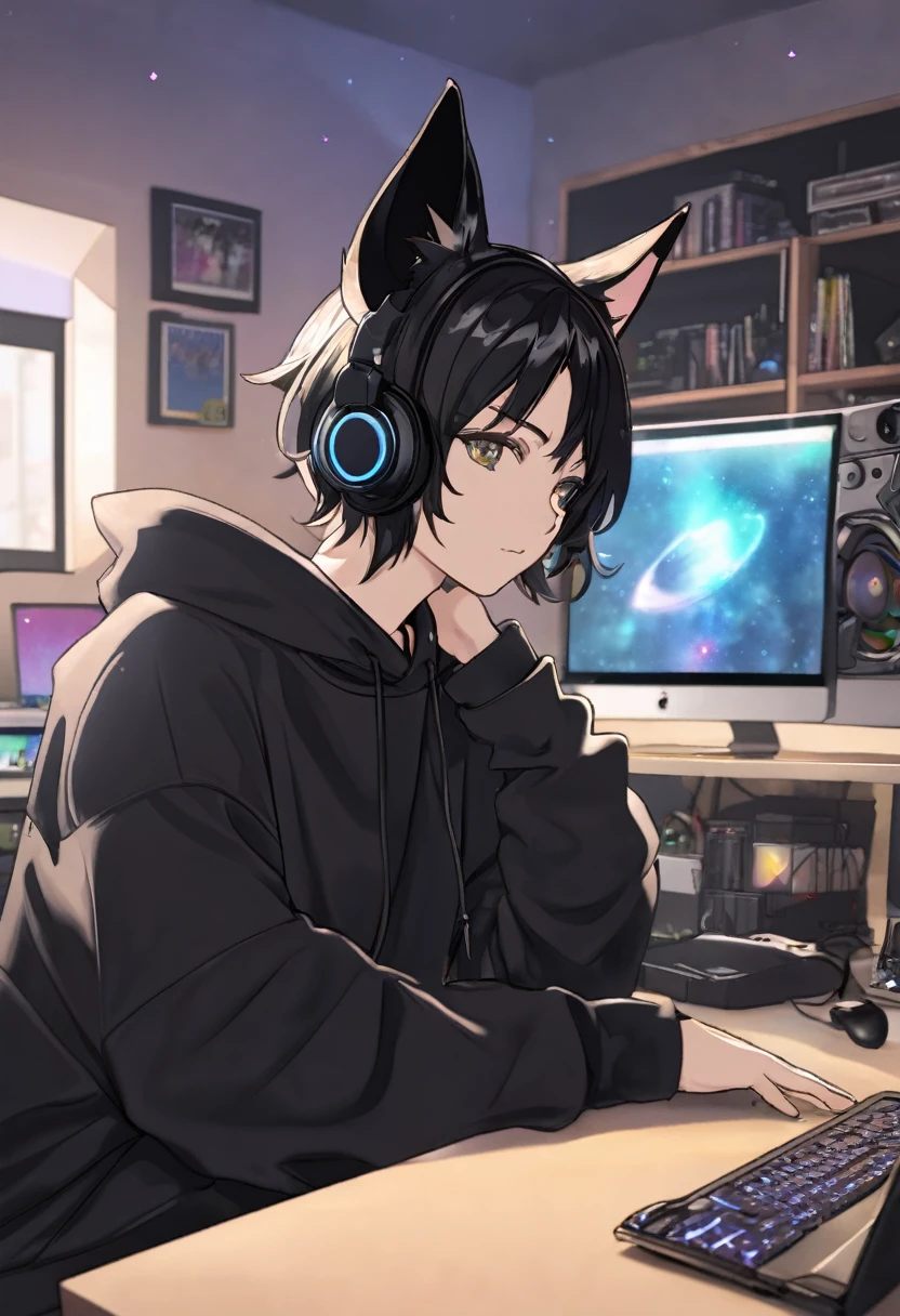 create a male cat eared anime character in black sweatshirt with small ears in front of computer, with black hairin a gamer room