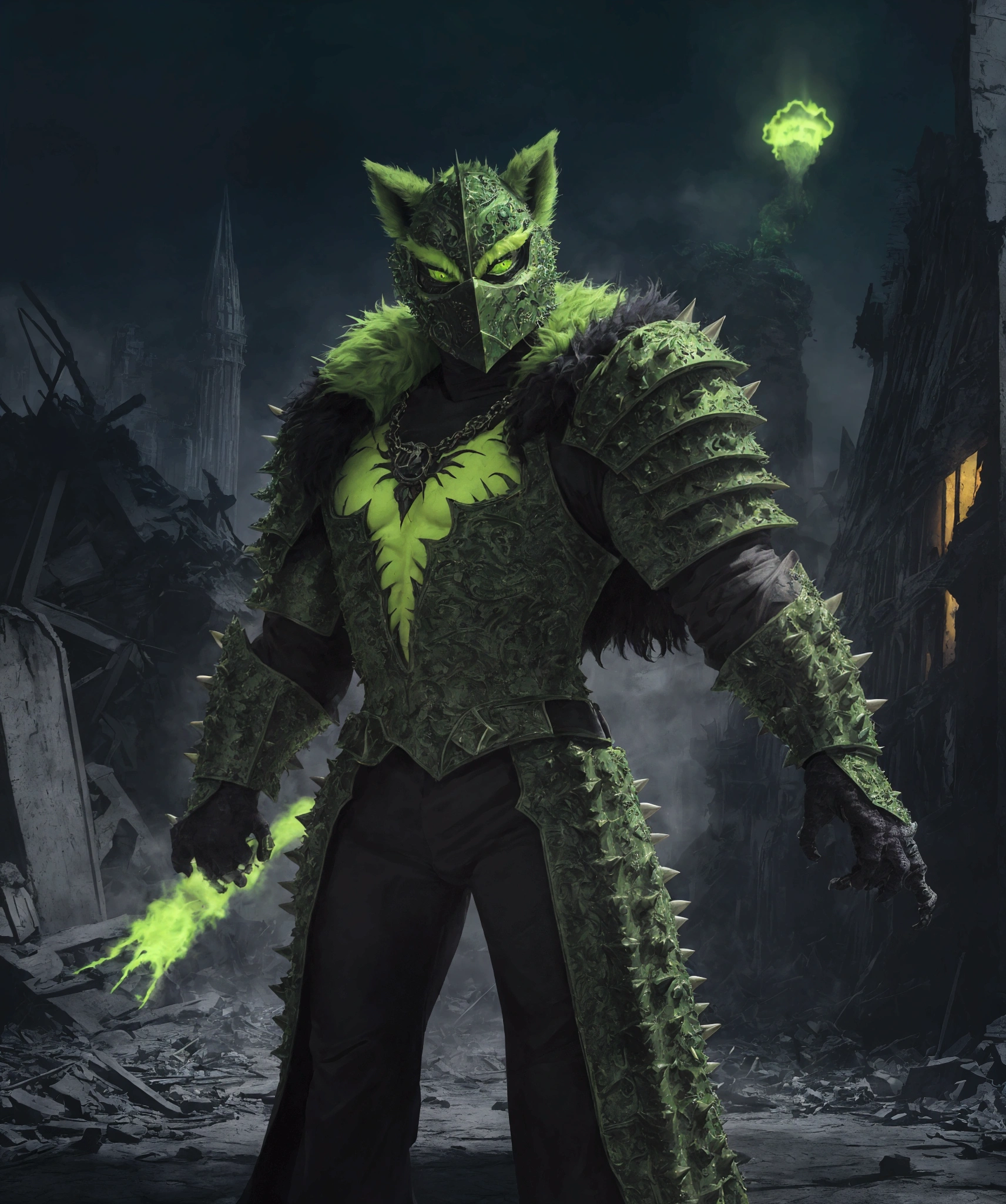 (extremely detailed 8k wallpaper), a medium shot photo of  Grim dressed as a scary masked lime green and dark green furry-supervillain in a lime green and dark green spiked armour made of fur glowing armour with spikes from marvel, theme, intricate, high detail, dramatic, furry monster and destroyed buildings in the background