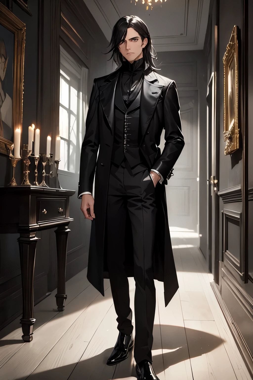 A melancholy man from the Victorian era with dark, shoulder-length hair and silver-gray eyes. He is wearing an elaborate black coat, a high-collared white shirt, and dark trousers with high leather boots. He stands in a dimly lit, old mansion filled with a sense of forgotten stories."