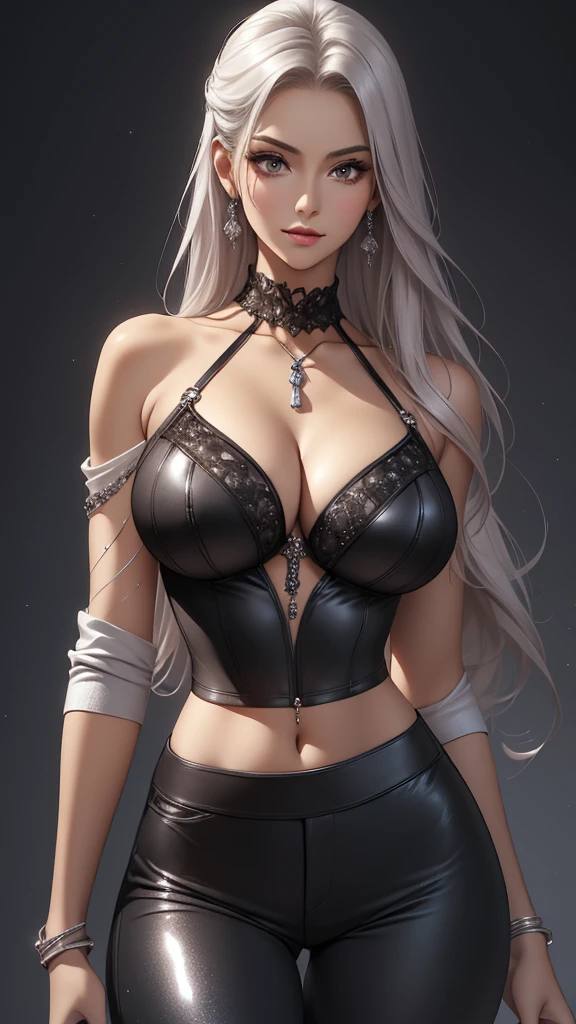 Best quality, masterpiece, realistic, Beautiful sexy cool tall, slim, fit woman, wearing fancy silver-white sequin cropped  top and black pants, intricate and highly detailed, cleavage, long silver hair, body chain, jewelry, perfect breasts, cleavage