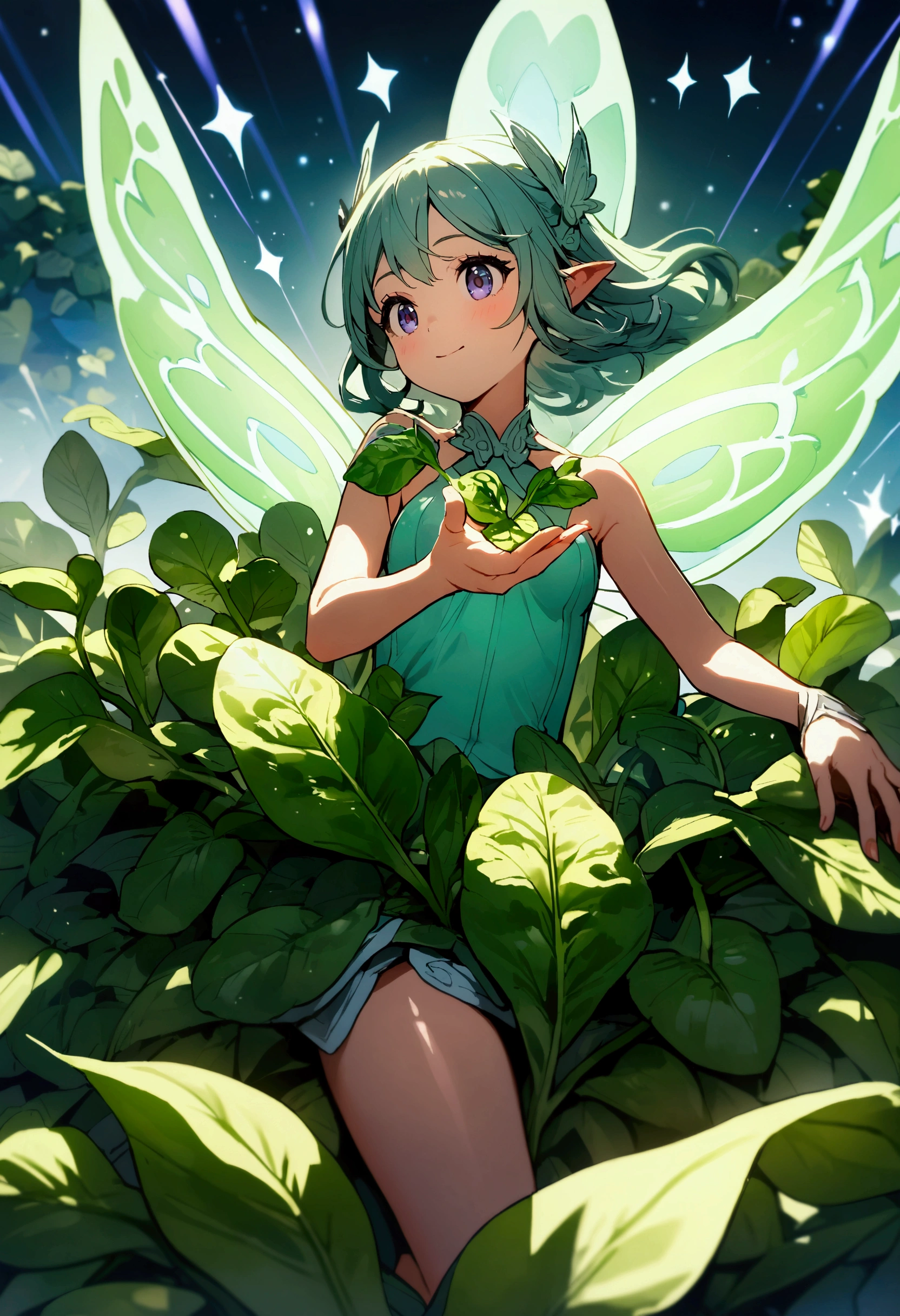 a fairy flying over a pile of Spinach , holding one Spinach on her hand