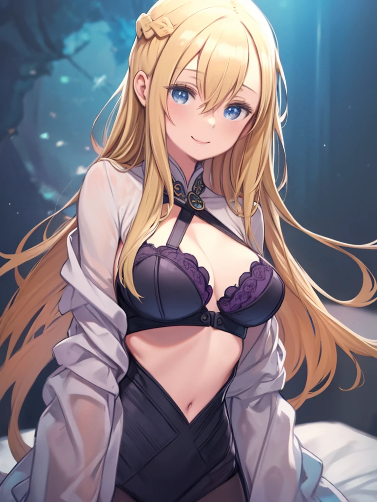 ((best quality)), ((masterpiece)), (detailed), perfect face
Blonde Sexy Girl with small boobs, wearing a thin purple dress, with a puff white cropped shirt under it