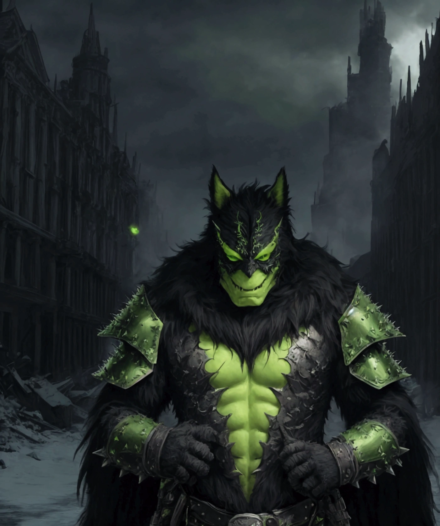 (extremely detailed 8k wallpaper), a medium shot photo of  Grim dressed as a scary masked lime green and dark green furry-supervillain in a lime green and dark green spiked armour made of fur glowing armour with spikes from marvel, theme, intricate, high detail, dramatic, furry monster and destroyed buildings in the background