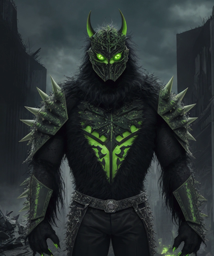 (extremely detailed 8k wallpaper), a medium shot photo of Grim dressed as a scary masked lime green and dark green furry-supervillain in a lime green and dark green spiked armour made of fur glowing armour with spikes from marvel, theme, intricate, high detail, dramatic, furry monster and destroyed buildings in the background