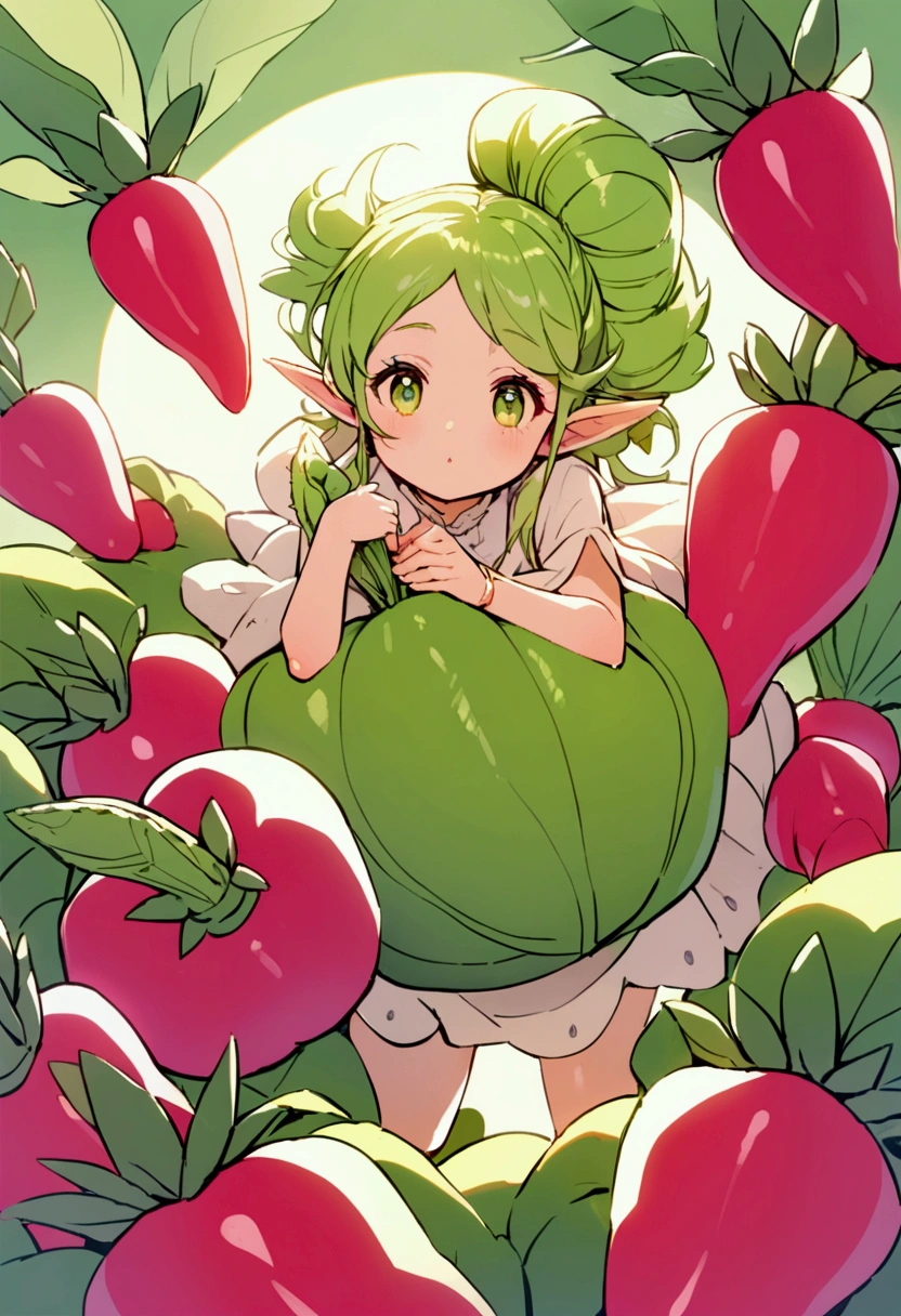 a fairy flying over a pile of Radishes , holding one Radish on her hand