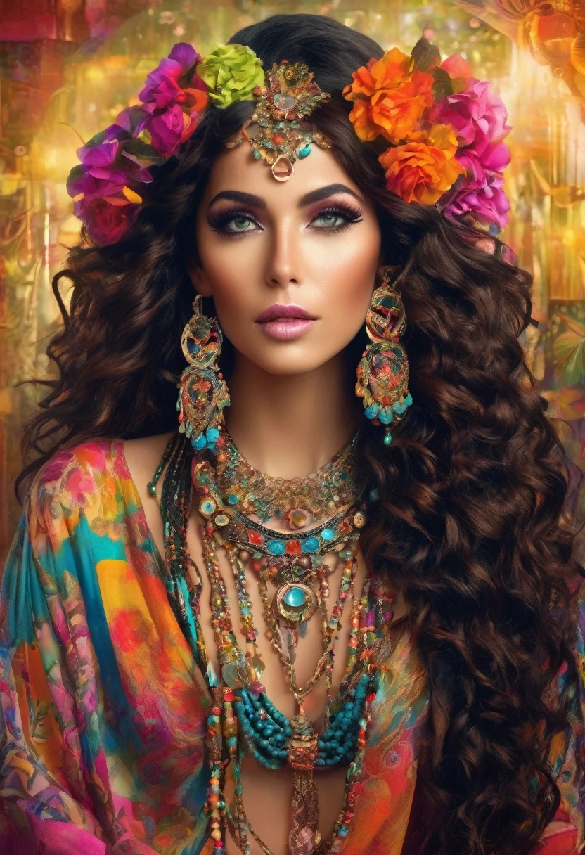 Beautiful stunning woman adorned in ornate, colorful jewelry and clothing that appears to be inspired by"gypsy" style. She has long, dark curly hair with flowers tucked into it. Her makeup emphasizes her eyes, and she's wearing large, dangling earrings and multiple necklaces with colorful beads and pendants. The woman's clothing includes vibrant fabrics with patterns. The overall aesthetic is very bohemian and romantic, evoking a free-spirited, nomadic culture. The lighting in the image is warm, giving it a rich, golden glow that enhances the romantic atmosphere.woman adorned in ornate, colorful jewelry and clothing that appears to be inspired by Romani or "gypsy" style. She has long, dark curly hair with flowers tucked into it. Her makeup emphasizes her eyes, and she's wearing large, dangling earrings and multiple necklaces with colorful beads and pendants. The woman's clothing includes vibrant fabrics with patterns. The overall aesthetic is very bohemian and romantic, evoking a free-spirited, cigana culture. The lighting in the image is warm, giving it a rich, golden glow that enhances the romantic atmosphere UHD 18K.