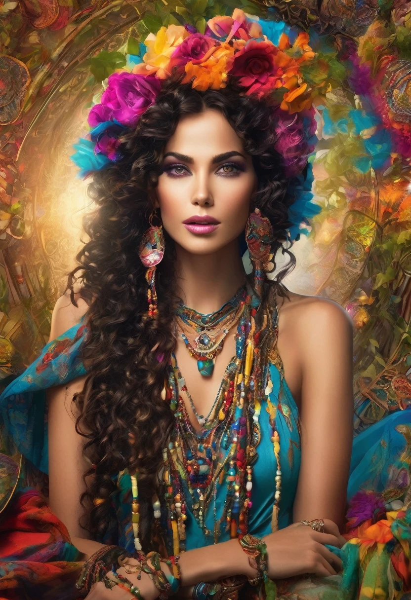 Beautiful stunning woman adorned in ornate, colorful jewelry and clothing that appears to be inspired by"gypsy" style. She has long, dark curly hair with flowers tucked into it. Her makeup emphasizes her eyes, and she's wearing large, dangling earrings and multiple necklaces with colorful beads and pendants. The woman's clothing includes vibrant fabrics with patterns. The overall aesthetic is very bohemian and romantic, evoking a free-spirited, nomadic culture. The lighting in the image is warm, giving it a rich, golden glow that enhances the romantic atmosphere.woman adorned in ornate, colorful jewelry and clothing that appears to be inspired by Romani or "gypsy" style. She has long, dark curly hair with flowers tucked into it. Her makeup emphasizes her eyes, and she's wearing large, dangling earrings and multiple necklaces with colorful beads and pendants. The woman's clothing includes vibrant fabrics with patterns. The overall aesthetic is very bohemian and romantic, evoking a free-spirited, cigana culture. The lighting in the image is warm, giving it a rich, golden glow that enhances the romantic atmosphere UHD 18K.