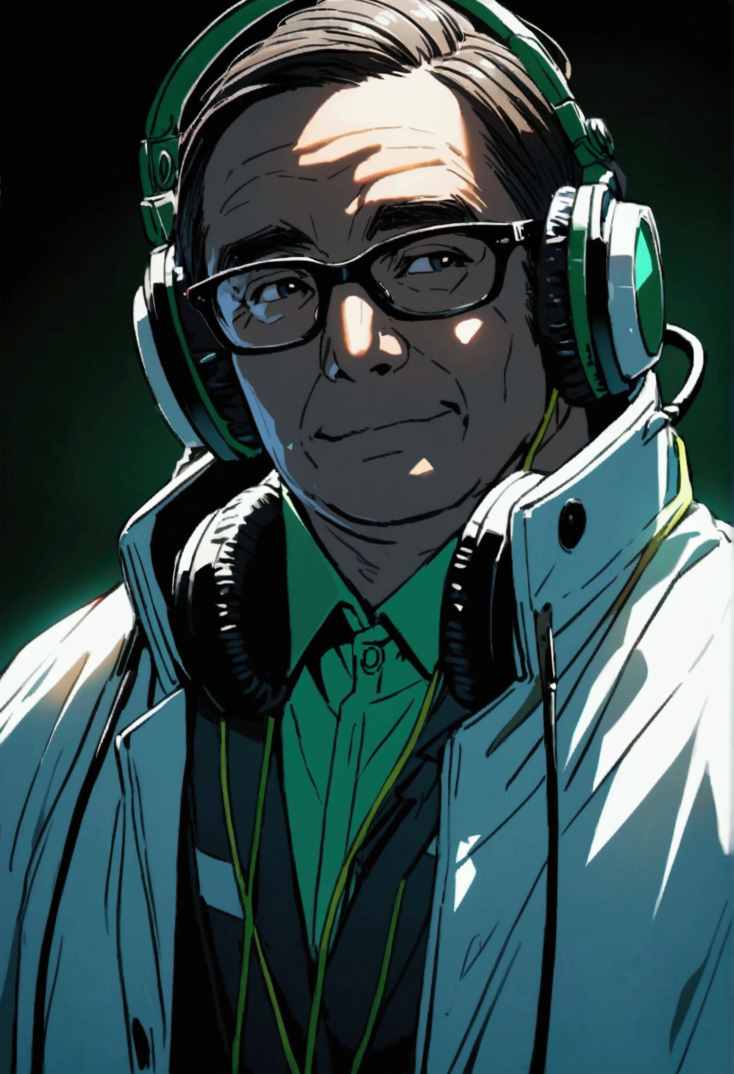 a 40 year old scientist man wearing white coat with headphones on a green and black colored background