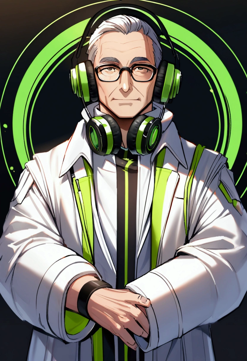 a 40 year old scientist man wearing white coat with headphones on a green and black colored background