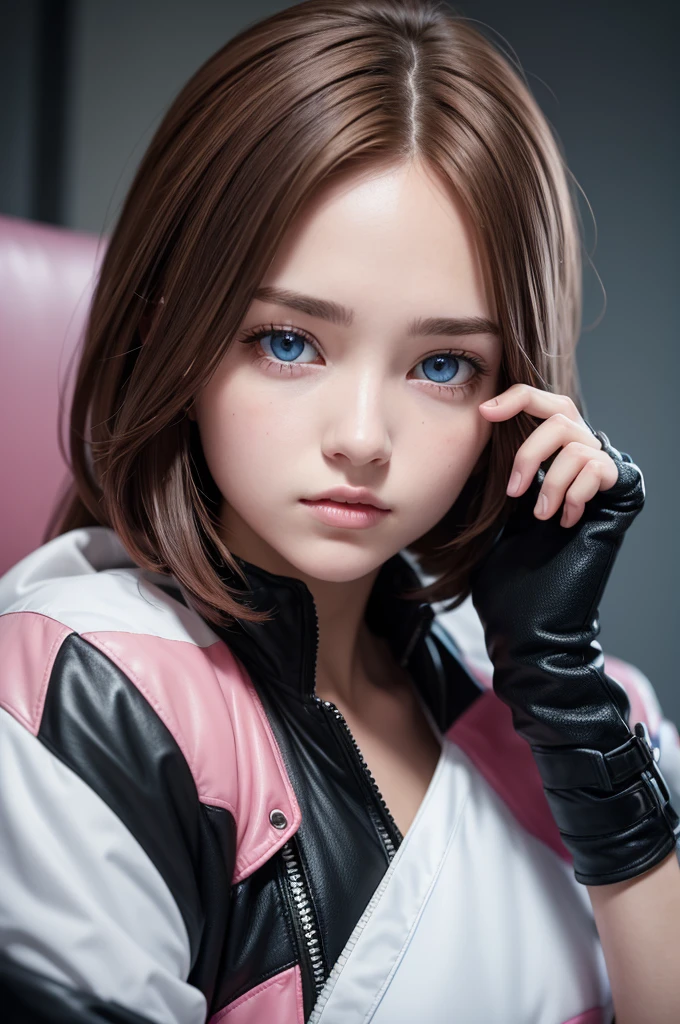 Brown Hair with Blue Highlights,black eyes but pink pupils,wears a jacket on the left side white and on the right side black,wear fingerless gloves