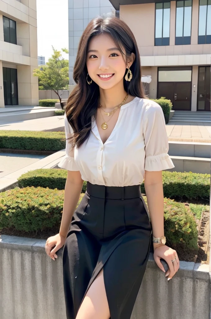 Rooftop of university building, 4th year university student, ((full body)), ((photo)), ((best qualtiy, 8K, tmasterpiece:1.3)), Focus:1.2, perfect figure beautiful girl:1.4, 1girl, cowboy shot, look at viewer, eyes facing the camera, incredibly absurd, beautiful and cute girl with a photorealistic face, showcasing top-quality craftsmanship, A Japanese girl watching the sunset on the roof of a university building, 19 years old, long, straight, silky black hair, fair skin, big eyes, thin eyebrows, double eyelids, long eyelashes, pink lips, smile, devilish smile, gorgeous features, well-defined facial features, beautiful face line, mysterious beauty, slender, tall, well-balanced proportions, large E-cup breasts, white shirt, tight black skirt, beige pumps, gold necklace and bracelet, small earrings, elegant ring, pretty girl, beauty, devilish type, pretty older sister, passionate about art, sociable, friendly, positive, has leadership skills, is proactive, is flexible, gets things done efficiently, works hard towards dreams and goals, March