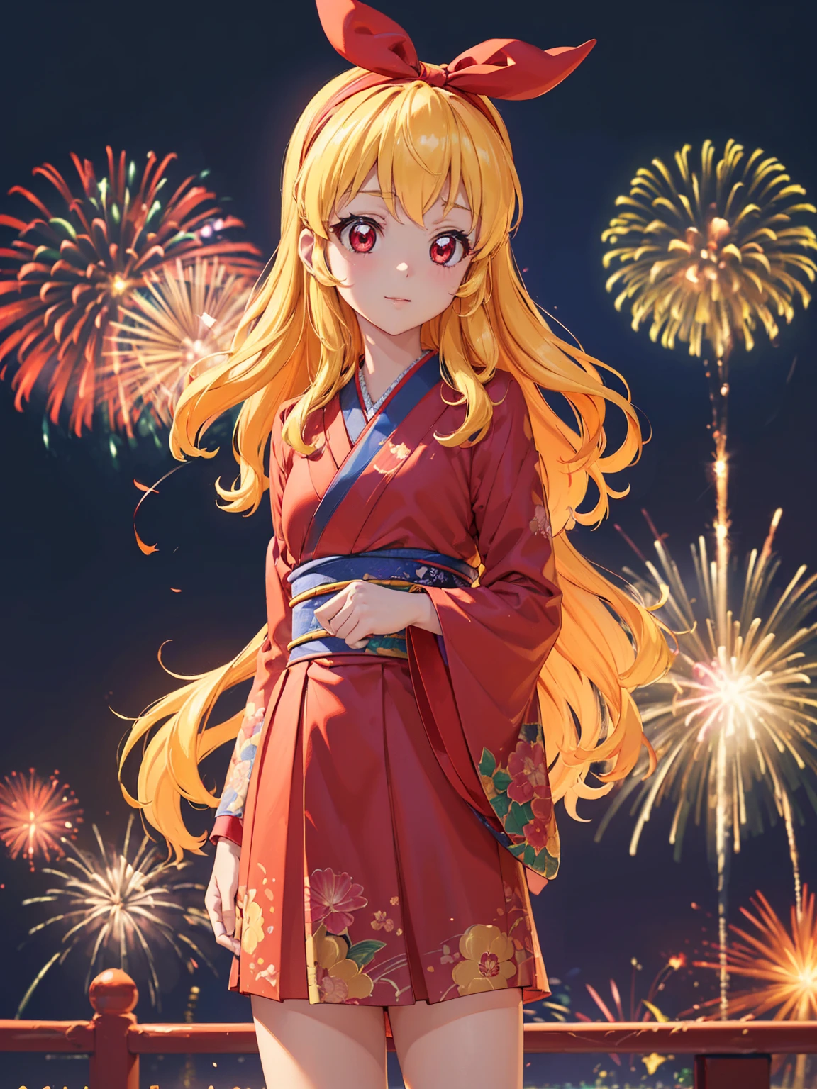 (masterpiece, best quality, highly detailed, ultra detailed, high resolution, absurdres, 4K, 8K:1.2), (official art, incredibly fine illustration, extremely detailed CG, detailed background, cinematic lighting, dynamic angle, perfect hands, detailed shiny skin, detailed hair, detailed eyes)(extremely awesome detailed pretty  face,beauty face)(extremely detailed)(Three-dimensional depiction)
BREAK,(RED Ribbon on HAIRband:1.2),aikatsu,hosimiya ichigo,anime girl in kimono standing in front of fireworks, 1girl, fireworks, solo, japanese clothes, Blonde hair, , kimono, RED eyes, looking at viewer