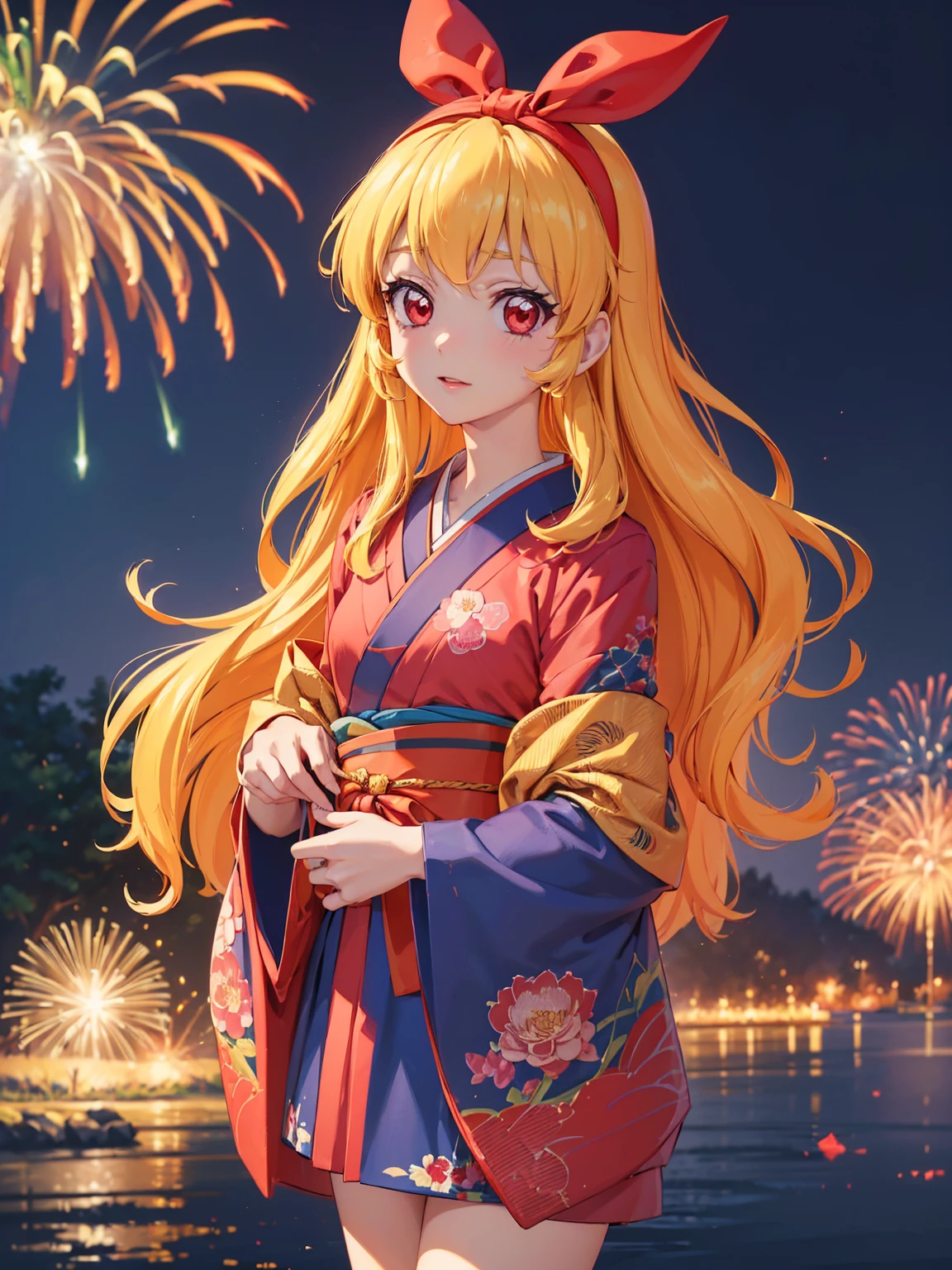 (masterpiece, best quality, highly detailed, ultra detailed, high resolution, absurdres, 4K, 8K:1.2), (official art, incredibly fine illustration, extremely detailed CG, detailed background, cinematic lighting, dynamic angle, perfect hands, detailed shiny skin, detailed hair, detailed eyes)(extremely awesome detailed pretty face,beauty face)(extremely detailed)(Three-dimensional depiction)
BREAK,(RED Ribbon on HAIRband:1.2),aikatsu,hosimiya ichigo,anime girl in kimono standing in front of fireworks, 1girl, fireworks, solo, japanese clothes, Blonde hair, , kimono, RED eyes, looking at viewer