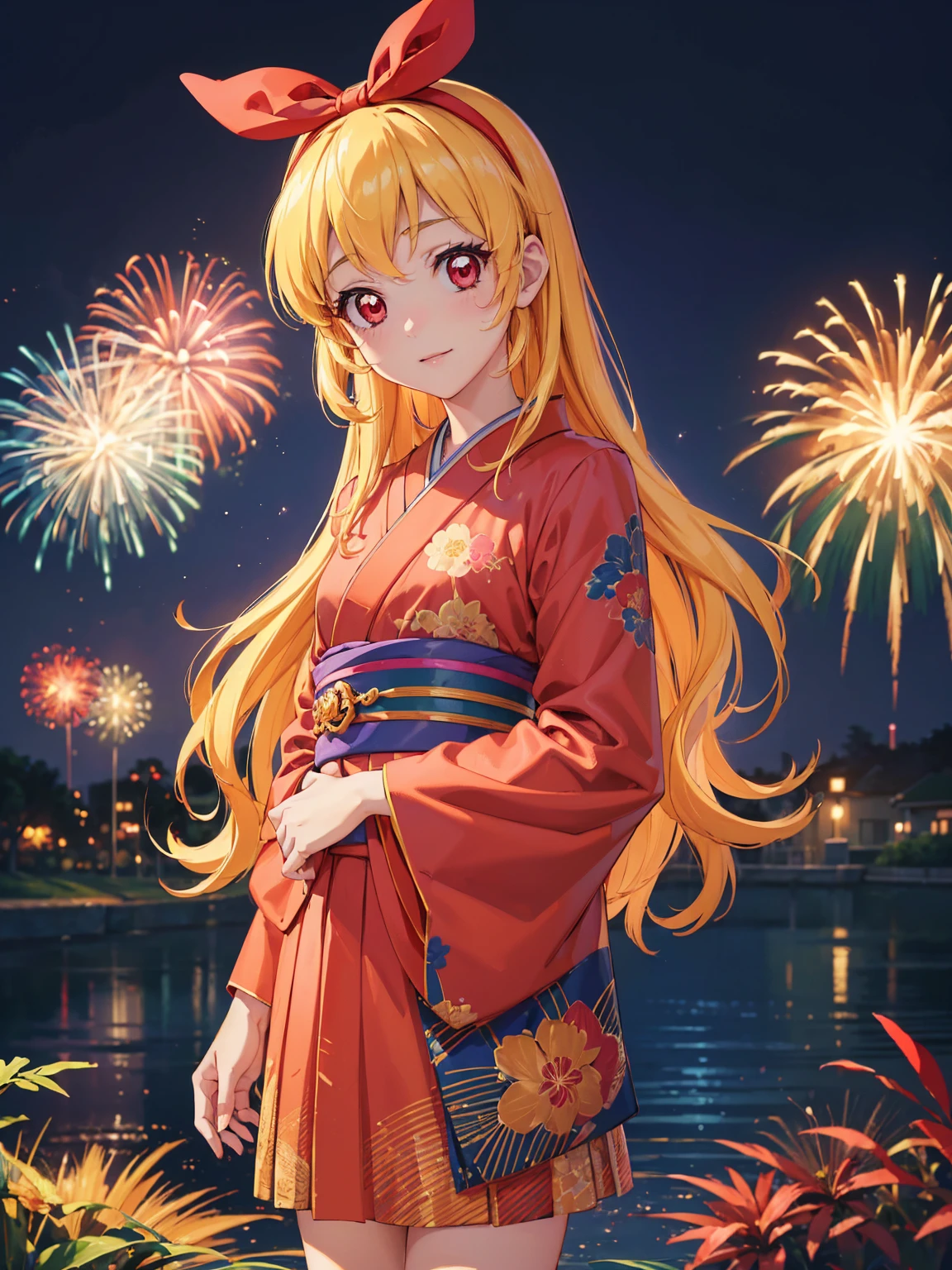 (masterpiece, best quality, highly detailed, ultra detailed, high resolution, absurdres, 4K, 8K:1.2), (official art, incredibly fine illustration, extremely detailed CG, detailed background, cinematic lighting, dynamic angle, perfect hands, detailed shiny skin, detailed hair, detailed eyes)(extremely awesome detailed pretty face,beauty face)(extremely detailed)(Three-dimensional depiction)
BREAK,(RED Ribbon on HAIRband:1.2),aikatsu,hosimiya ichigo,anime girl in kimono standing in front of fireworks, 1girl, fireworks, solo, japanese clothes, Blonde hair, , kimono, RED eyes, looking at viewer