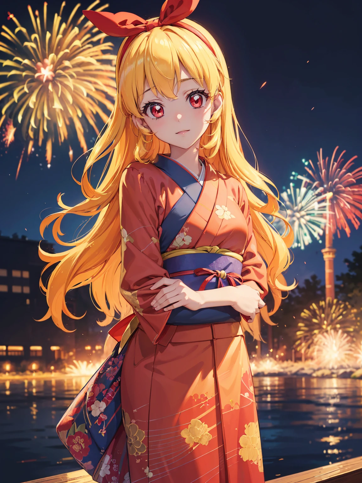 (masterpiece, best quality, highly detailed, ultra detailed, high resolution, absurdres, 4K, 8K:1.2), (official art, incredibly fine illustration, extremely detailed CG, detailed background, cinematic lighting, dynamic angle, perfect hands, detailed shiny skin, detailed hair, detailed eyes)(extremely awesome detailed pretty  face,beauty face)(extremely detailed)(Three-dimensional depiction)
BREAK,(RED Ribbon on HAIRband:1.2),aikatsu,hosimiya ichigo,anime girl in kimono standing in front of fireworks, 1girl, fireworks, solo, japanese clothes, Blonde hair, , kimono, RED eyes, looking at viewer