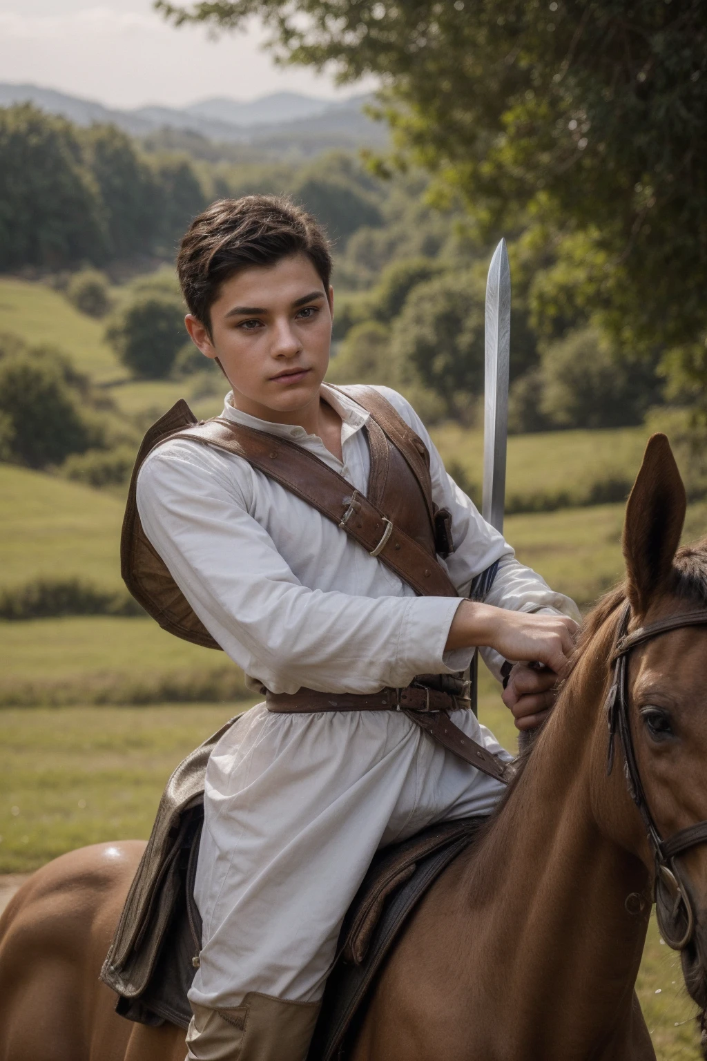 A cute twink male with a face with make-up and black hair. He is wearing a long-sleeved white shirt and brown pants. He is riding a horse and is on the battlefield fighting against the army. He has a sword, shield and arrows in his hand.