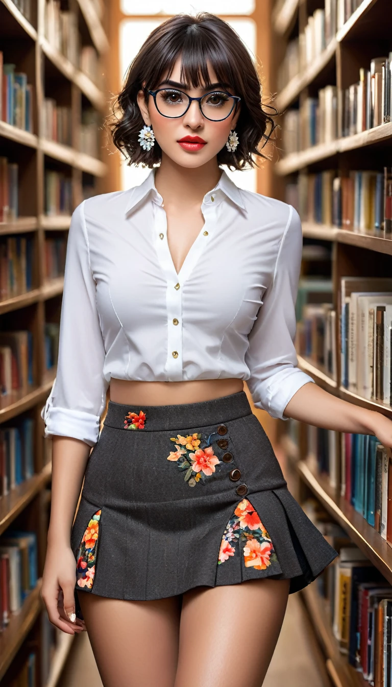 (((beautiful beautiful Isabela Merced, posing for uploadss, looking sexy, ruffled lips, Cabelo curto e curly, extremely pretty eyes))), ((wearing floral silver necklace)), realistic uploadsgraph, highy detailed, Foco do pointed, (Main lighting), (indoor bookstore environment), artwork, extremely pretty, Perfect beauty, (perfect shape body, Broad Hips, small waist, thick-thighs, firm abs, Body cute, knees, knees, focus on the knees, breasts small), cabelo curto com franja, short hair with bangs covering the forehead, cabelo curto com franja ((((short hair with bangs covering the forehead)))), ((30 years old)), (extremely detaild 8k wallpaper), ((face detailed)), (((wearing white shirt, saia curta de tweed, knees, knees, stitched nylons, Strad sandals)), (long dark eyelashes), (((earrings))), ((())), (((seen from behind))), (looking at the camera), ((())), (glamor model), (seductive facial expression) (((standing between high shelves full of books))), extremely detaild, artwork, Intricate details, highy detailed, Foco do pointed, skin detailed, realistic skin texture, texture, detailedeyes, high resolution, kodak vision color, uploads_\(ultra\), Post-processing, maximum detail, roughness, real-life, ultra realistic, uploadsrealism, uploadsgraphy, absurderes, RAW uploads, highest quallity, high detail RAW color uploads, professional uploads, extremely detaild UHD 8k wallpaper unit, best quality, high resolution, (artwork, maximum quality, high resolution:1.4), uploads, cinematic, film grain, pointed, soft natural light, magic uploadsgraphy, super verbose, ((whole body: legs 1.3)), librarian glasses, nerd glasses, ((pleated miniskirt: miniskirt 1.3)), unbuttoned blouse with cleavage, bellybutton, navel, cleavage