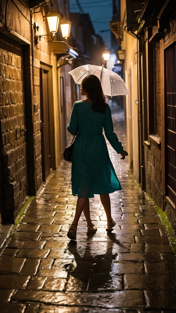 night Light from the window Woman walking and peeking A cobblestone road in light rain alley cheap fabric dresses