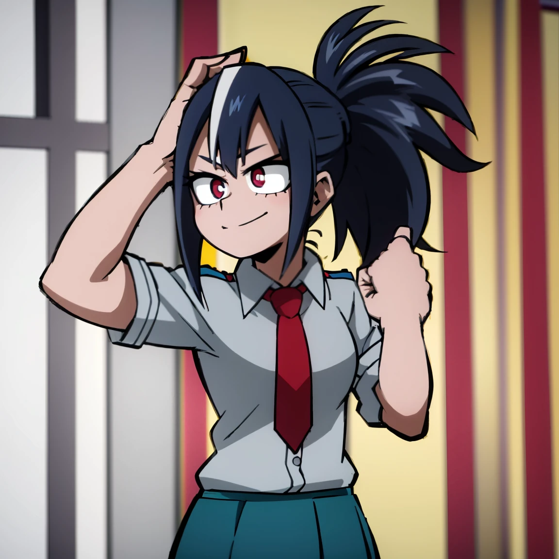 1girl, solo, fair skin, smile, big chest, long ponytail hair, blue hair, dark blue streaked hair, multicolored hair, two-tone hair, pink eyes, blue eyeshadow, gray jacket, red tie, white shirt, teal skirt, u.a, UA uniform, Kohei Horikoshi, My Hero Academia