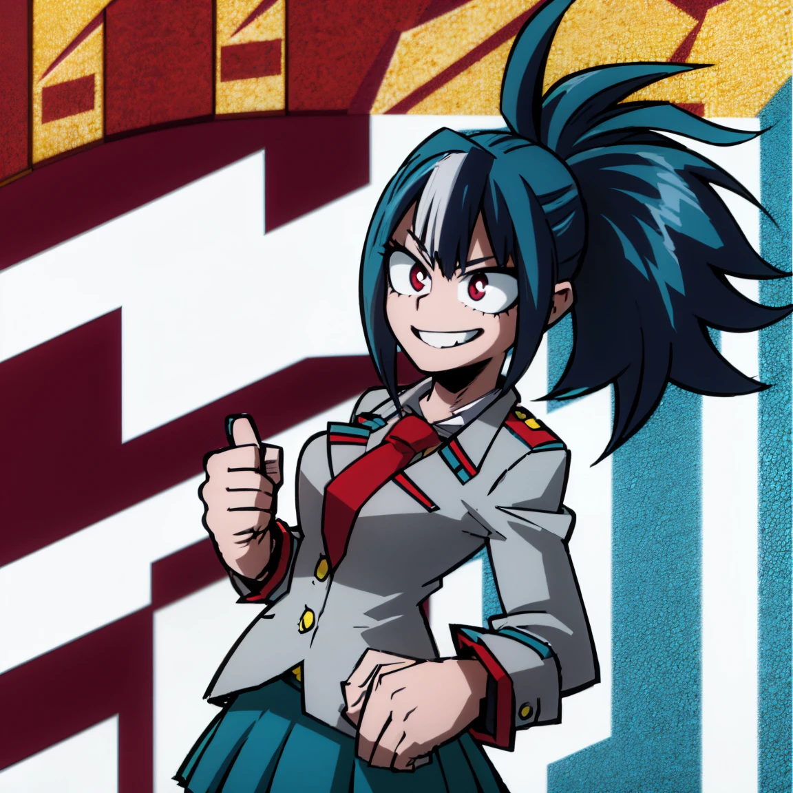 1girl, solo, fair skin, smile, big chest, long ponytail hair, blue hair, dark blue streaked hair, multicolored hair, two-tone hair, pink eyes, blue eyeshadow, gray jacket, red tie, white shirt, teal skirt, u.a, UA uniform, Kohei Horikoshi, My Hero Academia