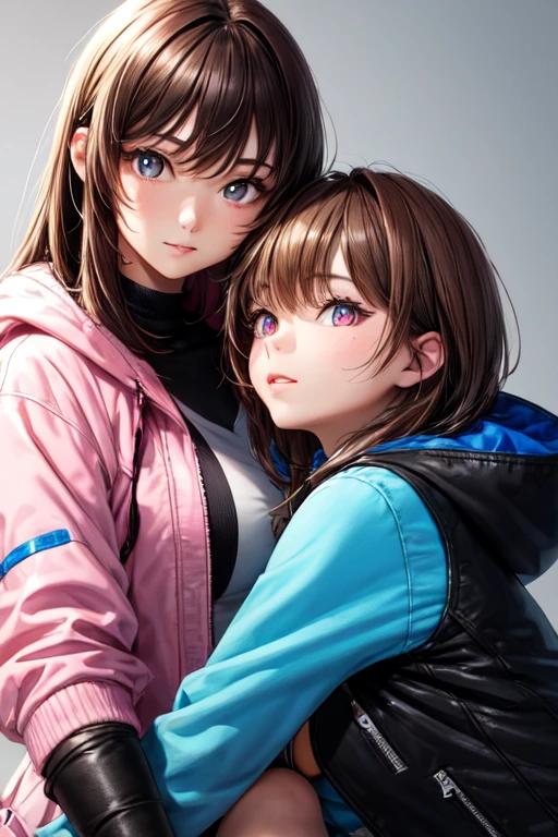 Brown Hair with Blue Highlights,black eyes but pink pupils,wears a jacket on the left side white and on the right side black,wear fingerless gloves