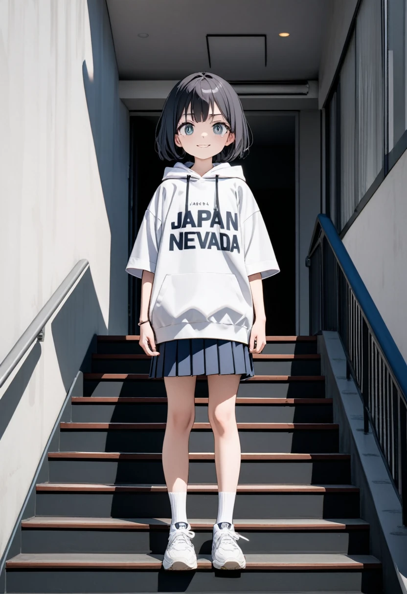 (8K, best quality, master piece: 1.2),Ultra High Resolution, beautiful girl,ultra-detailed face, detailed eyes,Tsurime Eyes,(smirk),dark gray short sleeve Hip Length hoodie(dark gray:1.4), (Written on hoodie text:"NEVADA":1.5,navy pleated skirt,white socks,sneakers,full body,black hair,short hair,(holding a　Cutter knife)、(standing straight on the stairs of the apartment complex),solo,Japan Park