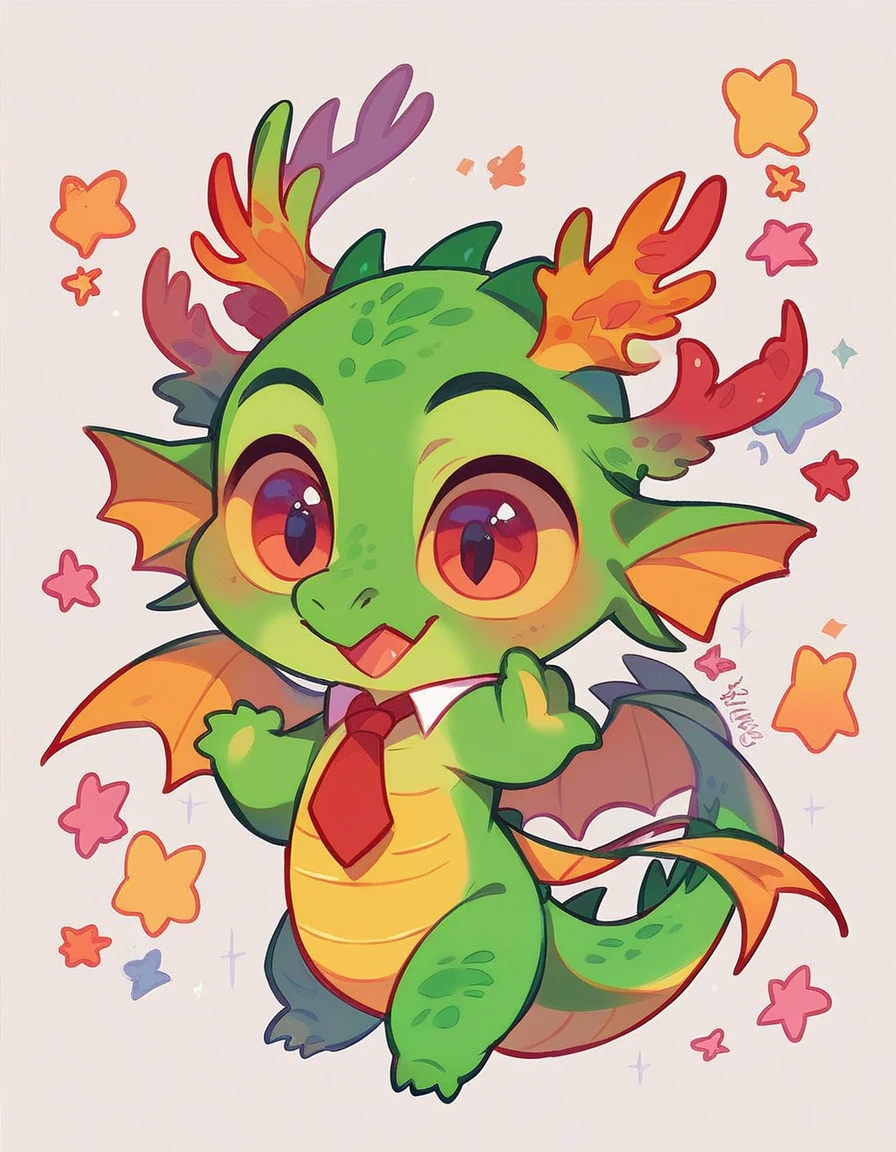 high quality, (dragon), (cute little Dragon), (cartoon:1.3),(((chibi:1.2))),(pixar style:1.2),(cute expression:1.1), ((((red with yellowish colors)))), he wears a gold tie, (((applause pose))), white background, full body, very cute