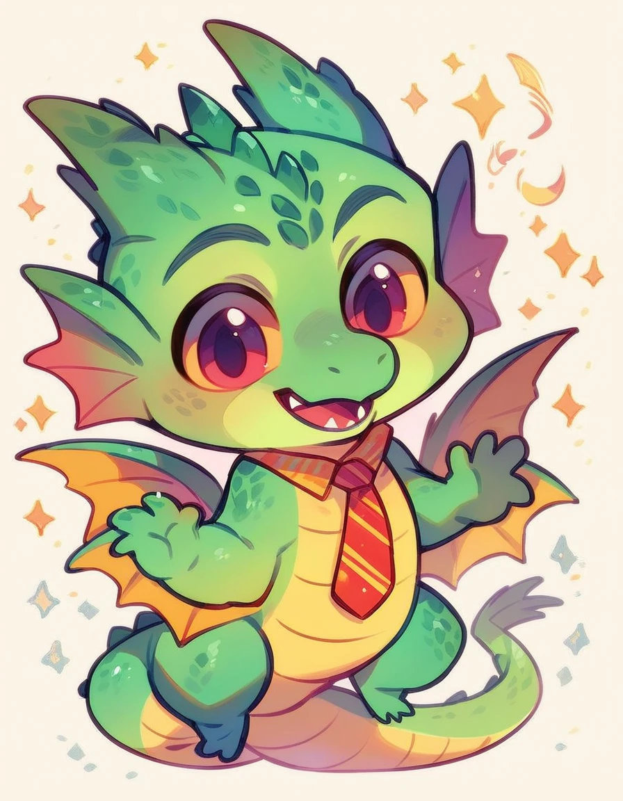 high quality, (dragon), (cute little Dragon), (cartoon:1.3),(((chibi:1.2))),(pixar style:1.2),(cute expression:1.1), ((((red with yellowish colors)))), he wears a gold tie, (((applause pose))), white background, full body, very cute