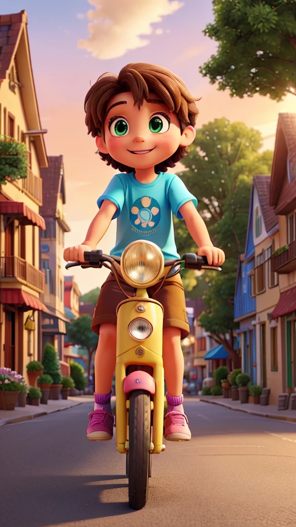 **Character**: Imagine a youthful, adventurous Disney character with a cheerful demeanor. He has tousled brown hair, sparkling green eyes, and a wide, friendly smile. He wears a colorful outfit consisting of a red t-shirt with a whimsical design, denim shorts, and bright yellow sneakers.
**Bicycle**: The bicycle is vibrant and vintage-inspired, painted in a cheerful sky blue with a wicker basket attached to the front, filled with fresh flowers and a loaf of bread.
**Town**: The town is picturesque, reminiscent of a European village with cobblestone streets and charming, pastel-colored houses adorned with flower boxes and ivy. The background features a beautiful town square with a fountain at the center, surrounded by quaint shops and cafes with outdoor seating.
**Scenery**: The town is bathed in the golden light of a late afternoon, with the sky painted in hues of orange, pink, and purple. The trees lining the streets are lush and green, with a gentle breeze causing the leaves to sway. In the distance, you can see rolling hills and a sparkling river meandering through the landscape.